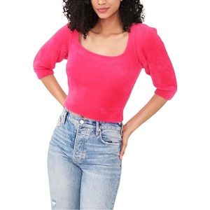 NWT Free People Moonbeam Pullover Pink Scoop Neck Cropped Sweater Puff Sleeve S